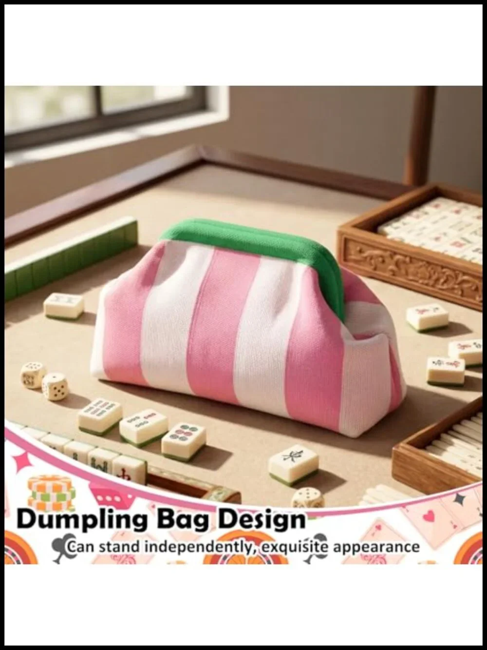 Crochet Mahjong Tile Bag with Snap Closure, Travel Storage